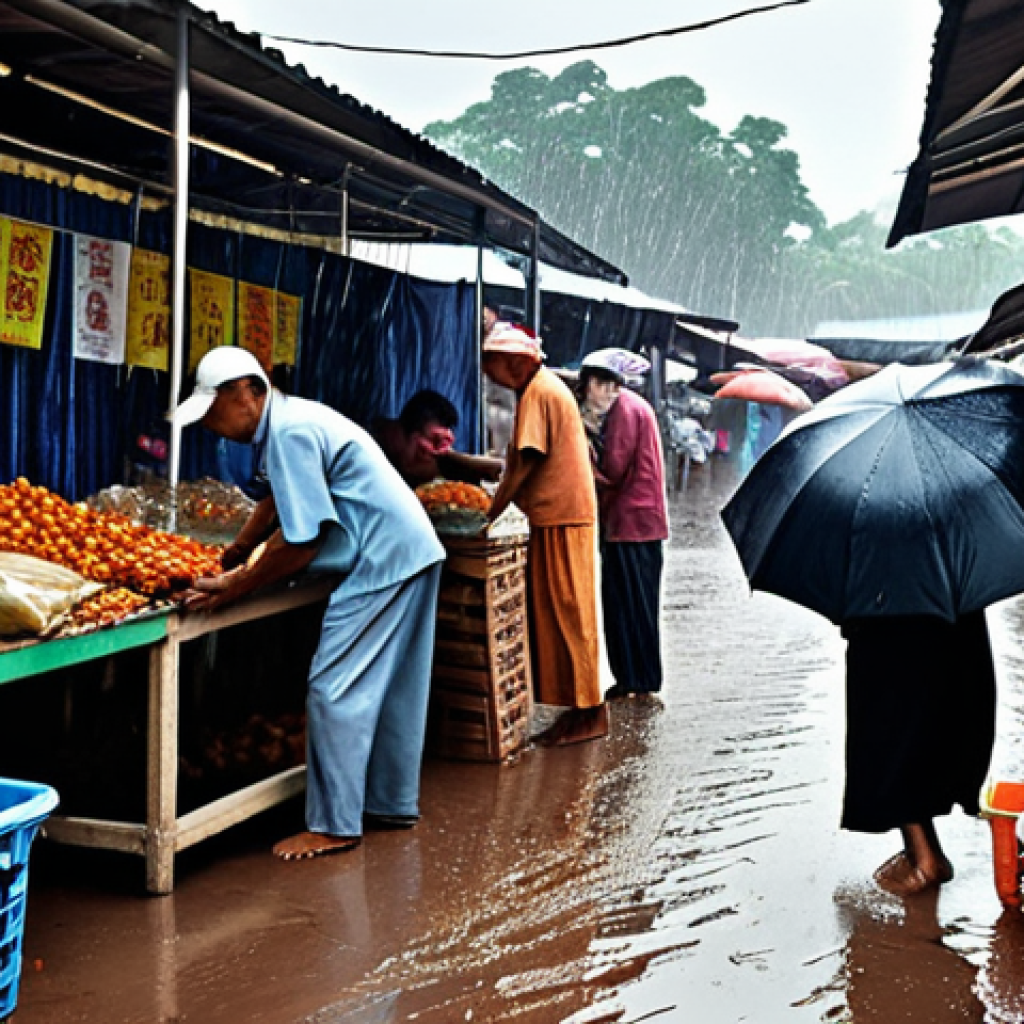 **

Prompt: "A bustling Malaysian marketplace scene with a sudden heavy downpour (monsoon season). Some vendors have prepared with tarps, shielding their goods, while others scramble to cover their products. The image highlights business continuity and preparedness."

**