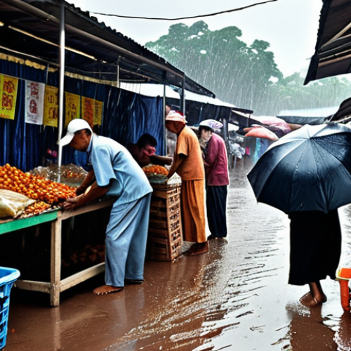 Home 11 **
Prompt: "A bustling Malaysian marketplace scene with a sudden heavy downpour (monsoon season). Some vendors have prepared with tarps, shielding their goods, while others scramble to cover their products. The image highlights business continuity and preparedness."
**