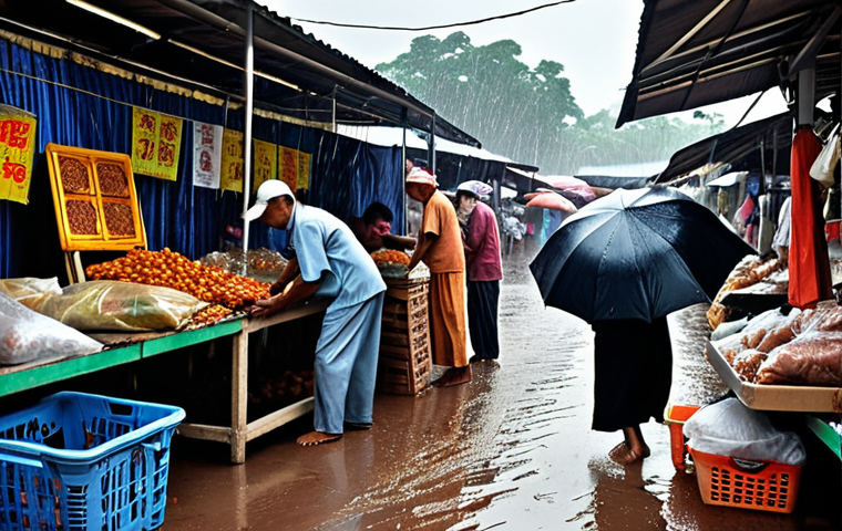 **
Prompt: "A bustling Malaysian marketplace scene with a sudden heavy downpour (monsoon season). Some vendors have prepared with tarps, shielding their goods, while others scramble to cover their products. The image highlights business continuity and preparedness."
**