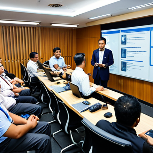 Home 6 A diverse group of Malaysian professionals participating in a cybersecurity awareness training session. The image should convey a sense of engagement and learning, with participants actively listening and interacting with the instructor. Use a modern office setting in Kuala Lumpur as the background.