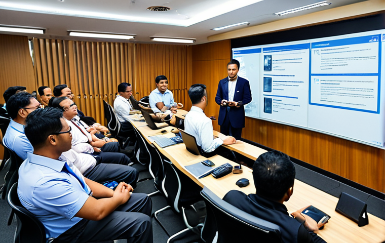 A diverse group of Malaysian professionals participating in a cybersecurity awareness training session. The image should convey a sense of engagement and learning, with participants actively listening and interacting with the instructor. Use a modern office setting in Kuala Lumpur as the background.